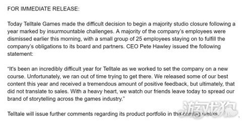 开发商Telltale Games正式宣布工作室主体关闭